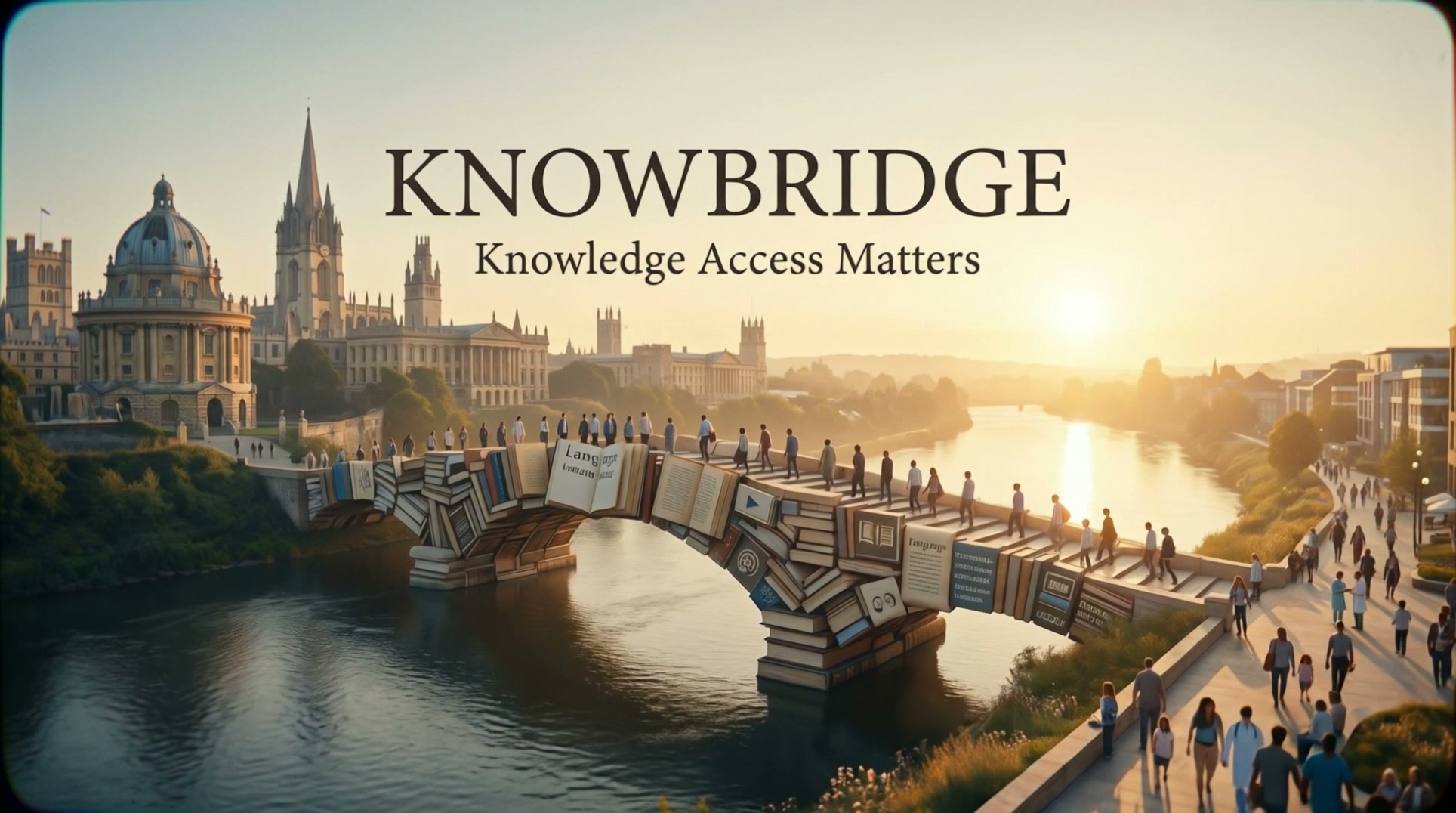 A bridge built from books connecting a historic university city to a modern city